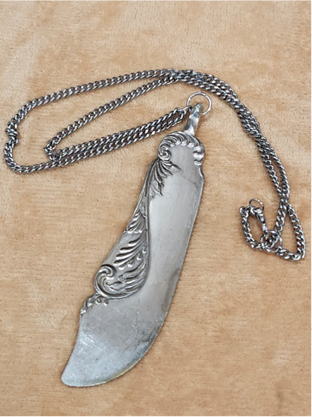 Silver Plated Ornate Fish Knife Pendant Necklace Silverwear Jewelry